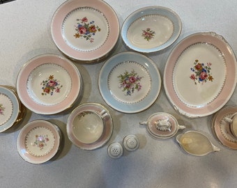 Vintage Homer Laughlin Georgian Eggshell China Dishes, Marilyn Pink, Chateau Blue, Sold Individually, salt & pepper, sugar and creamer