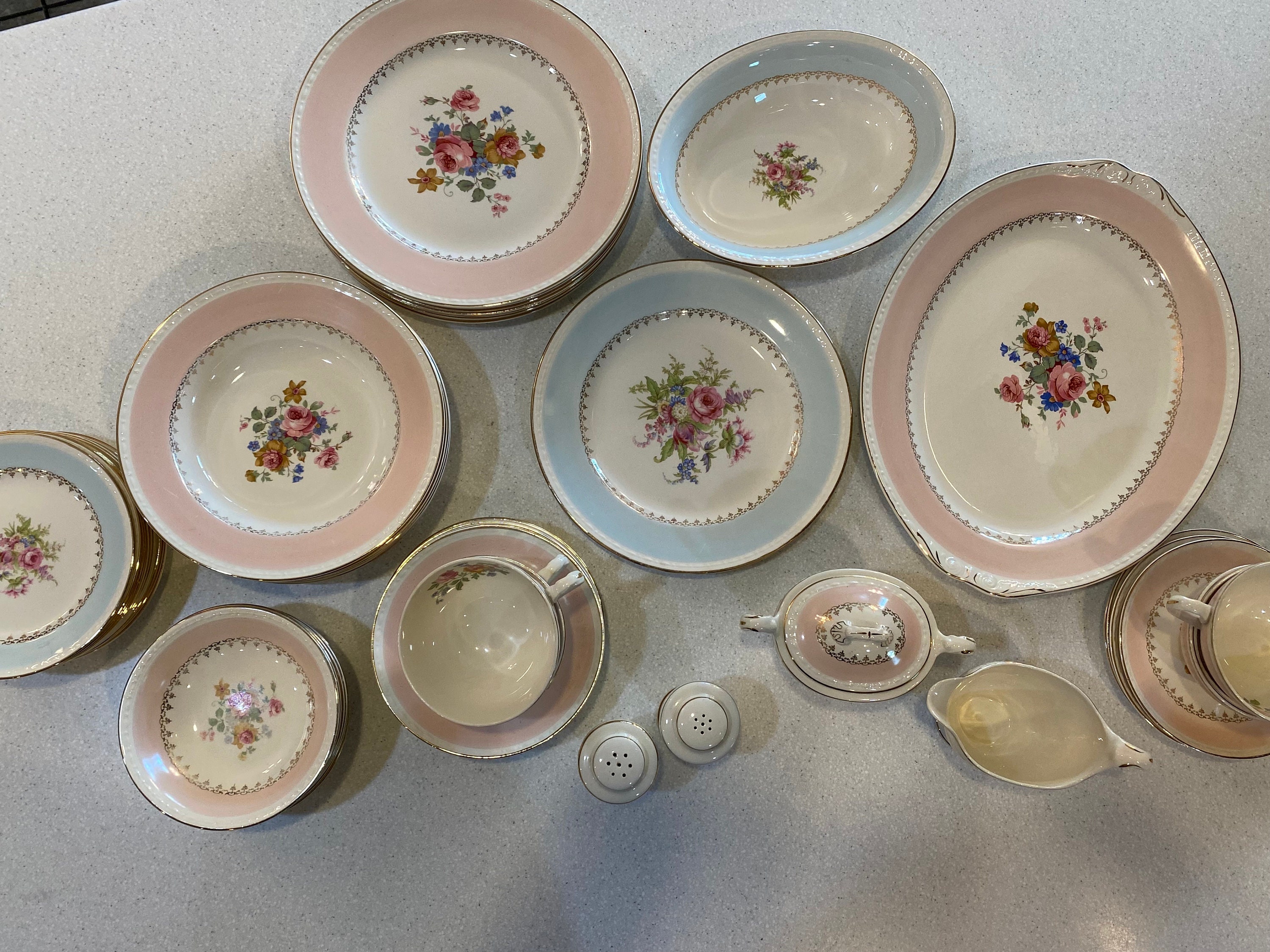 Mix and Match Vintage Dishes Homer Laughlin Skytone bluemont Pattern Pink  and White Floral Red on Black Green Branch Plates Bowls C. 1950s 