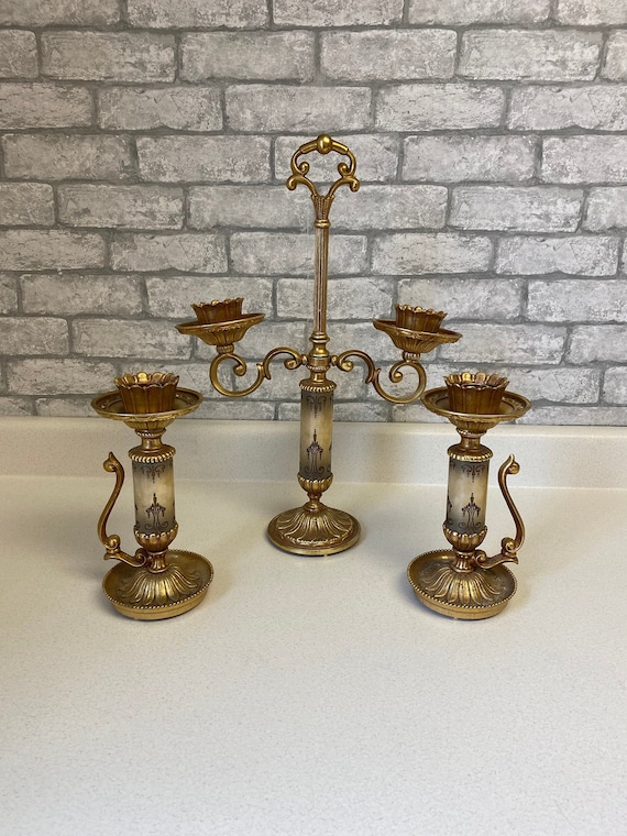 Vintage Candelabra 3 Piece Set, Dilly, Made in USA, Gold