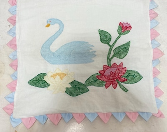 Vintage Pillow cover, embroidered, Blue Swan, Water Lilies, Amish handmade item, pink and blue border detail, cottage core, needlework
