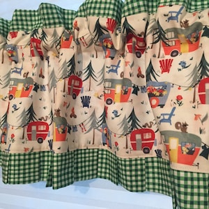 A. Retro Camper fifties kitchen valance, curtain. Vintage Camper Glamper, camping, Blue, Green, gingham check, lined. Pleated ruffle.