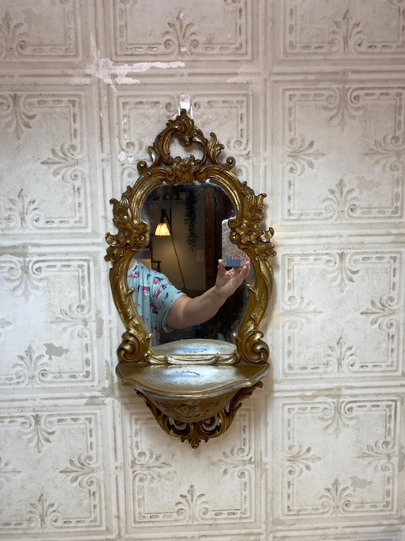 Vintage Syroco Wall Mirror With Shelf From 1970, Old Gold, Dart