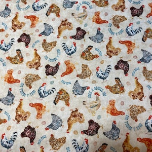 Fabric, Free Range, Town Fair by Michael Miller, designed by Louise Nisbet, by the yard, half yard, fat quarter. Chickens, Roosters, Eggs