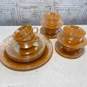 Vintage Fire King Peach Lustre dinnerware set, 15 pieces, 11&quot; plate, 8&quot; plates, saucers, cups, Laurel Leaf pattern, MCM 1950&#39;s kitchen