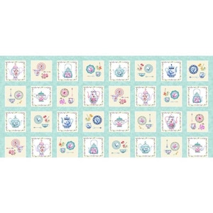 May include: A teal blue background with a repeating pattern of white squares. Each square contains a watercolor illustration of a teapot, teacup, saucer, and spoon. The teacups and teapots are decorated with floral patterns in shades of pink, blue, and green.