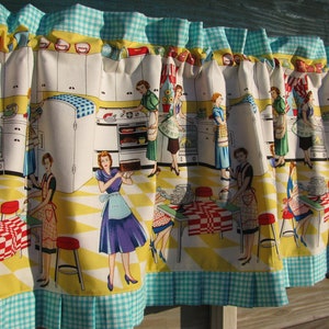 A. Retro fifties kitchen valance, curtain. Aqua, red, black. Fifties ladies print. Vintage style. Double sided, lined. Pleated ruffle.