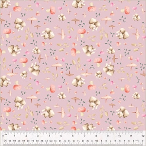 May include: A seamless pattern featuring watercolor illustrations of mushrooms, leaves, and other forest elements on a light pink background.