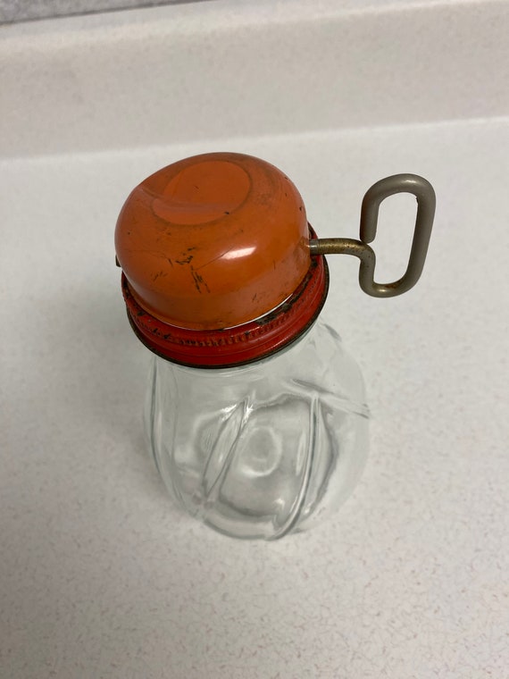 Vintage Nut Chopper Red Black Metal Lid Clear Glass Jar