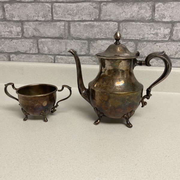 Vintage Silver Plate teapot and sugar bowl, ornate, Victorian, tea party, footed, matching set