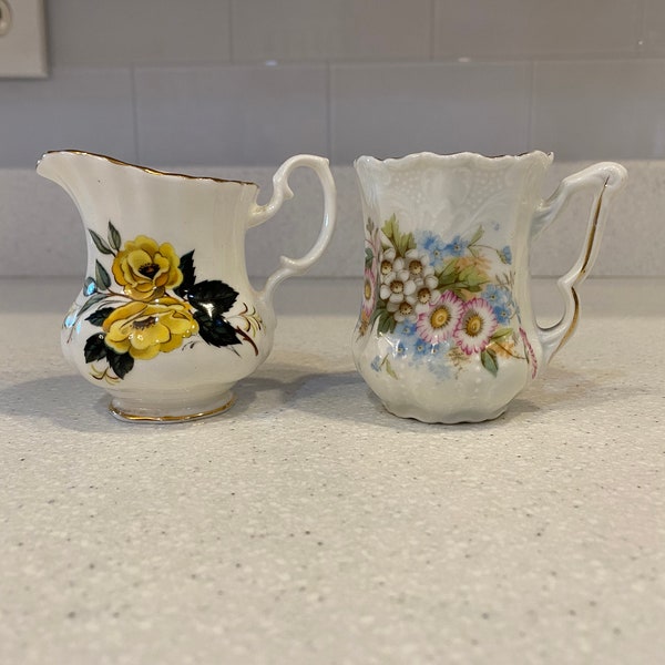 Vintage Little Cream Pitcher, sold individually, pastel floral, yellow rose, gold trim, ornate detail, Bone China, England