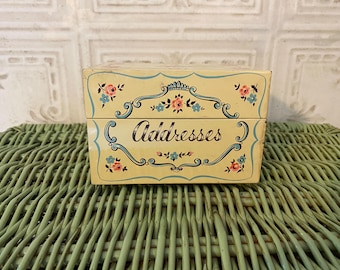 Vintage metal addresses, recipe box, pale yellow with pink and blue flowers, roses, cottage core, shabby chic, English cottage
