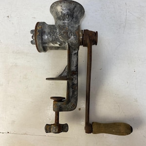 Vintage No 10 Keystone Food Chopper, grinder, cast iron with tin coating, meat, vegetables, hand crank, clamp on, wooden handle (#3)