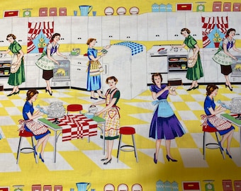 Tela, Home Ec de Michael Miller Fabrics, Cocina retro, cortada a medida o en panel, Damas en una cocina vintage