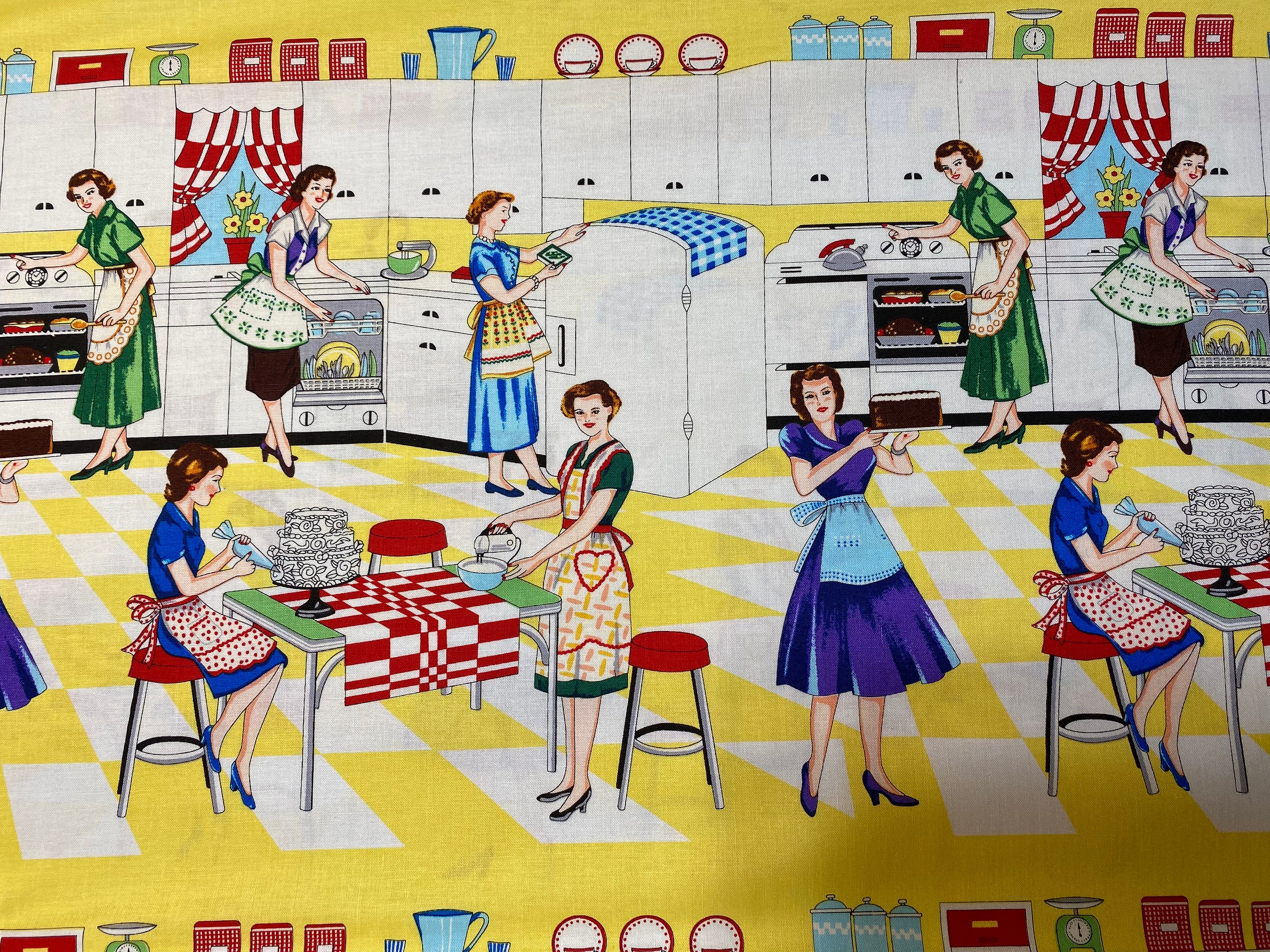 Fabric, Home Ec by Michael Miller Fabrics, Retro Kitchen, by the yard or panel, Ladies in vintage kitchen