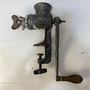 Vintage No 1 Universal Food Chopper, grinder, cast iron with tin coating, meat, vegetables, hand crank, clamp on, wooden handle (#1)