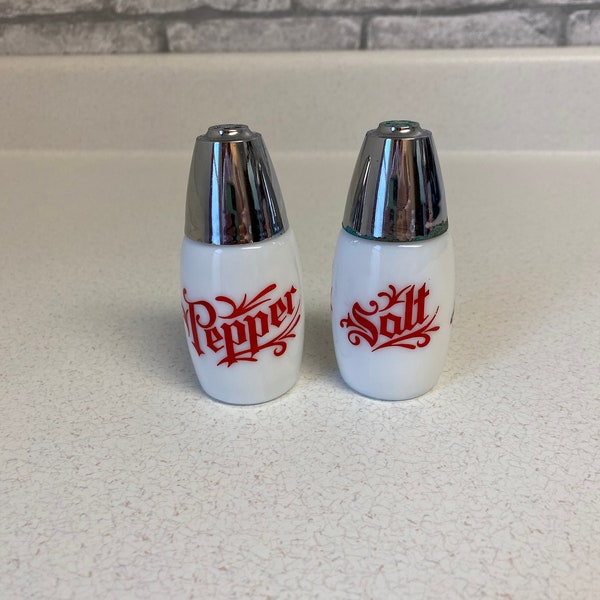 Vintage Retro Salt & Pepper shakers, red lettering, Westinghouse, Gemco, Chrome on plastic lids, milk glass, mid century