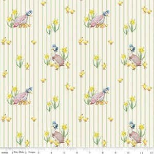 May include: Fabric with a repeating pattern of ducks wearing bonnets, surrounded by ducklings and daffodils. The background has vertical green stripes on a cream-colored base. The fabric is marked with inches.