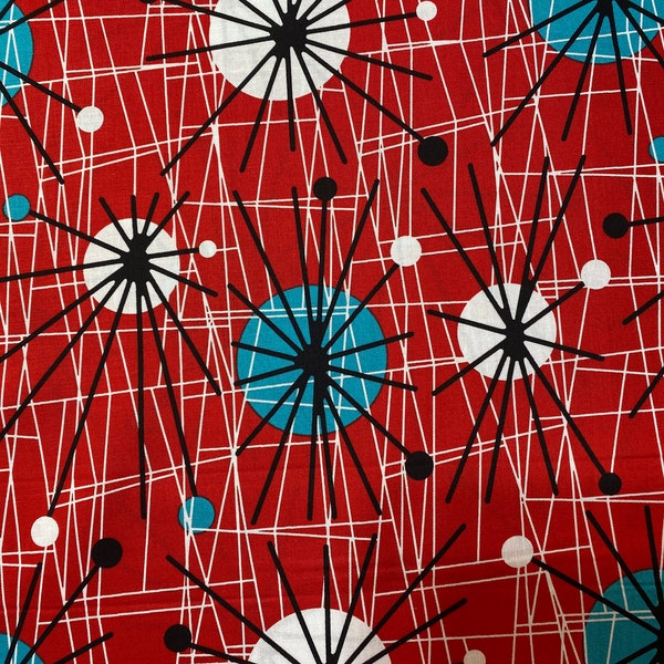 Fabric, Atomic on Red by Michael Miller, by the yard, half yard, fat quarter. Vintage Retro, Turquoise, red, white and black