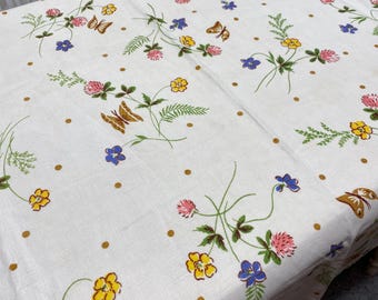 Vintage Tablecloth, floral and butterflies, crochet lace edging, green, yellow, pink, blue, cottage core, Grandma core decor, linens