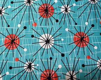 Tela, Atómica sobre Turquesa de Michael Miller, cortada a medida, media yarda, cuarto gordo. Vintage Retro, Turquesa, rojo, blanco, negro CX5440-TURQ