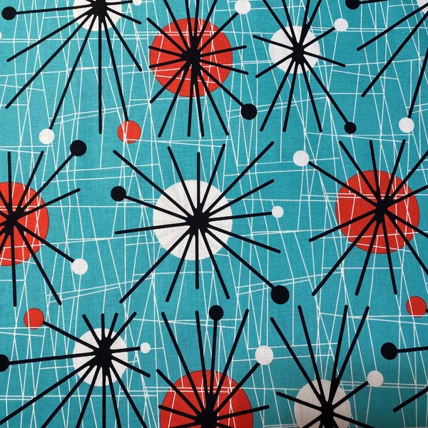 Fabric, Atomic on Turquoise by Michael Miller, by the yard, half yard, fat quarter. Vintage Retro, Turquoise, red, white and black