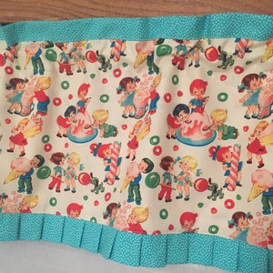 A. Retro fifties kitchen valance, curtain. Aqua, turquoise, yellow, green, coral . Candy shop kids print. lined. Pleated ruffle.