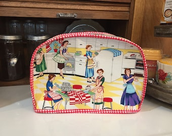 D. Two slice toaster Cover, Retro Fifties Kitchen Ladies, Reversible, Washable, Vintage Style, farmhouse, choose trim color, Home Ec Kitchen