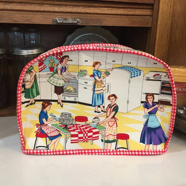 D. Two slice toaster Cover, Retro Fifties Kitchen Ladies, Reversible, Washable, Vintage Style, farmhouse, choose trim color, Home Ec Kitchen