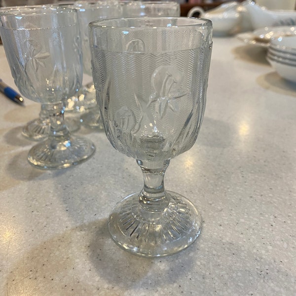 Vintage Iris and Herringbone small goblet, 3 oz, 4.25", footed wine goblet, barware, depression glass, Jeanette glass co.
