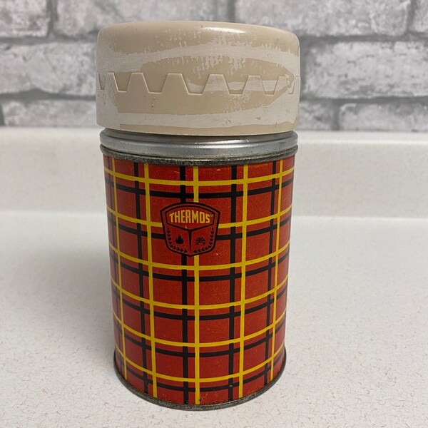 Vintage Thermos, red plaid, yellow and black lines, small, 10 oz size, lake, cottage decor, log cabin, western