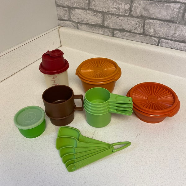 Vintage Tupperware, misc. pieces, sold individually, measuring cups, spoons, bowls, mug, shaker, snack cup, servalier,