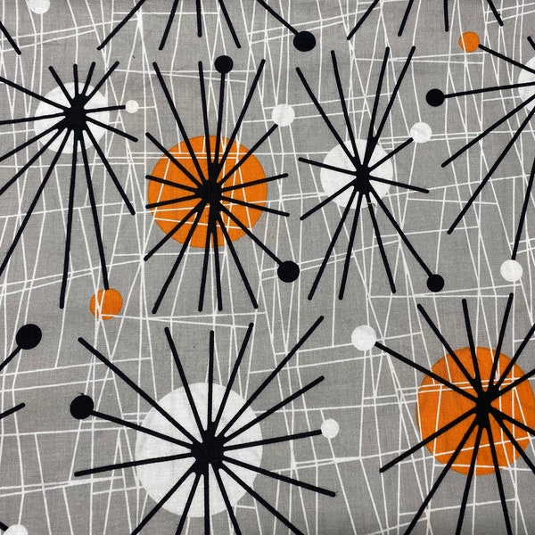 Fabric, Atomic on Gray by Michael Miller, by the yard, half yard, fat quarter. Vintage Retro, Gray, orange, white and black CX5440-WIND