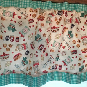 A. Retro fifties kitchen valance, curtain. Aqua, white and red. Vintage scales, egg beater, fruit, pie. Double sided, lined. Pleated ruffle.