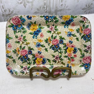 Vintage floral tray, Japan, Alcohol Proof, Paper Mache, roses, birds, pink, blue, shabby chic, cottage core, victorian