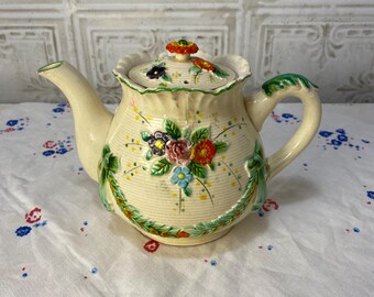 Vintage Teapot, Art Deco, porcelain, hand painted floral design, high-relief flowers, vibrant, 1930s, Japan, Cottage Core aesthetic, vibrant
