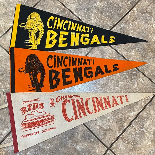 Vintage Felt Pennant, Banner, Sold Individually, NFL, MLB, Cincinnati Bengals, Reds, Riverfront Stadium, game room decor