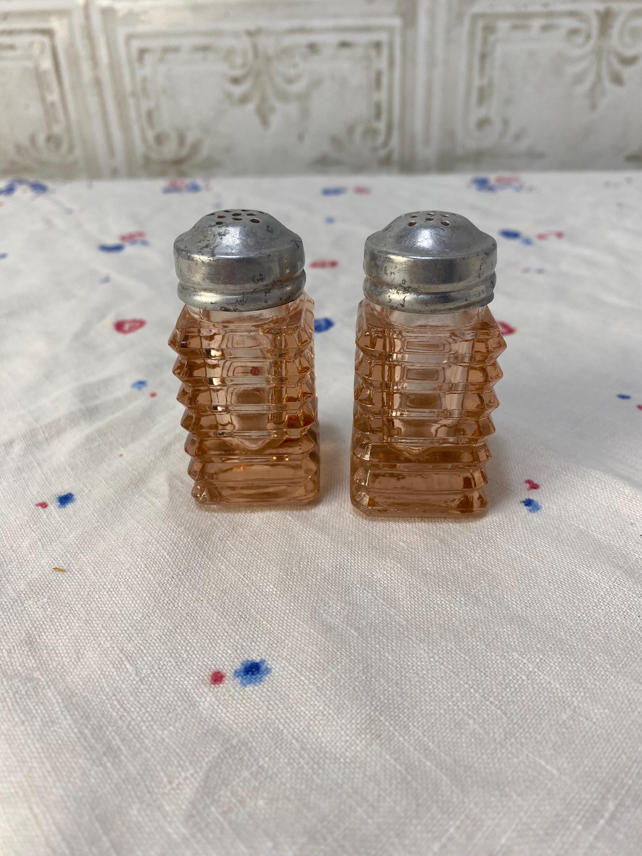 Vintage Pink Manhattan Salt and Pepper shakers, Anchor hocking Depression Glass, metal tops, ribbed, square shape, cottage core