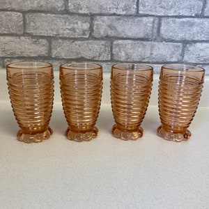 Vintage Pink Depression Glass tumblers, Manhattan, set of 4,  Art Deco, Bubble foot, rings, ribbed, water glasses