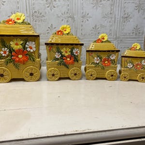 Vintage Set of 4 Canisters, Fred Roberts Retro Flower Cart, Wagon, Mid-Century, Orange, green, gold, floral, rare set, cottage core, Japan