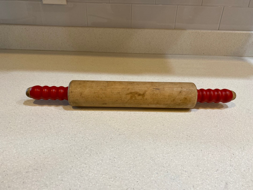Vintage Wooden Rolling Pin Red Handles Works Well Great Etsy
