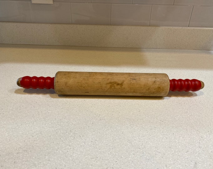 Vintage Wooden Rolling Pin, Red Handles, Works Well, Great Condition