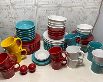 Vintage Fiesta Dinnerware, Sold Individually, light use, scarlet red, white, turquoise, plates, bowls, mugs, latte mugs, salt and pepper