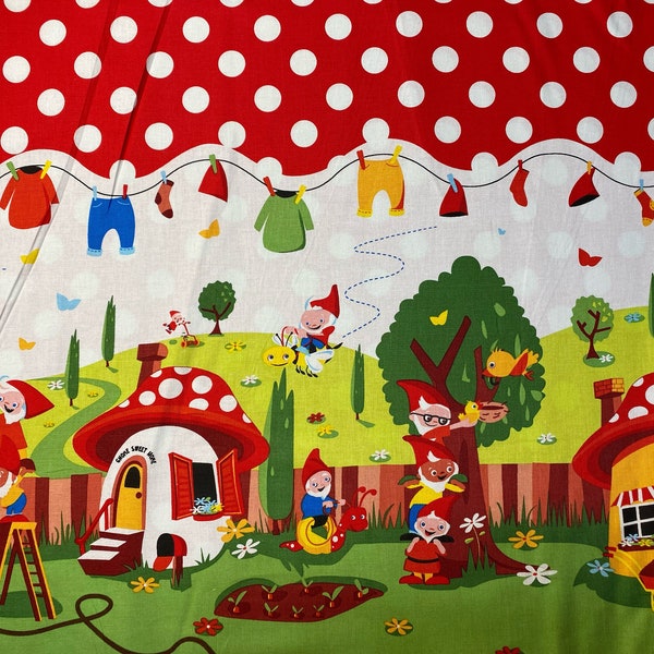 Fabric, Gnomeville by Michael Miller, by the yard, half yard. Vintage Retro, gnomes, mushrooms, polka dot, woodland, CX4365