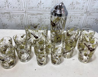 Vintage Barware Set, Cocktail shaker, ice bucket, 12 glasses, Jazz Band, Musical Instruments, Speakeasy, MCM, retro, 1950's, Hazel Atlas