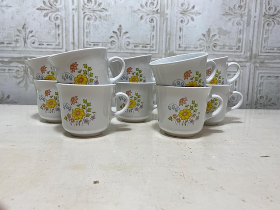 Vintage set of 10 Spring Meadow Corelle Corning ware coffee cups mugs, cottage core, pastel floral design