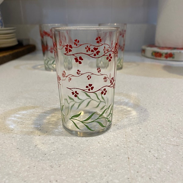 Vintage swanky swigs juice glass, red floral, promotional item, retro