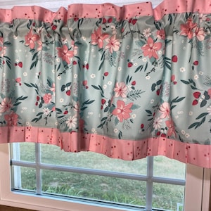 A. Valance, Window topper, Strawberry floral, Strawberries & Cream, Pink and aqua, pastels, tiny flowers, pleated ruffle, Cottage, vintage