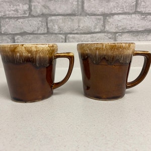 Vintage, set of 2 brown drip glaze Stoneware mugs by Kathy Kale, pottery