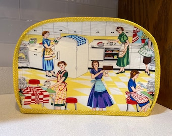 D. Four slice toaster Cover, Retro Fifties Kitchen Ladies, Reversible, Washable, Vintage Style, farmhouse, choose trim color, Home Ec