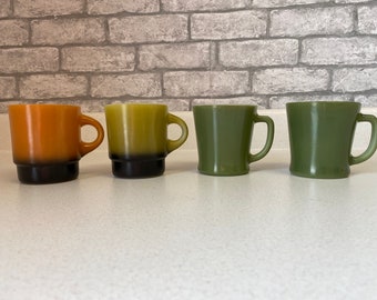 Vintage Fire King mug cup, sold individually, stackable, green, brown, ombre, ribbed bottom, olive green, D handle